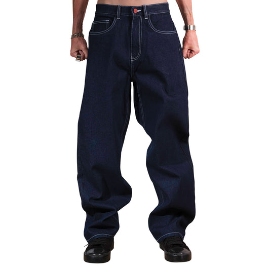 Super loose, Dark blue with white stitches